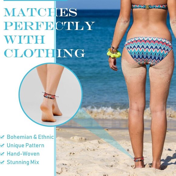 18 Pcs Boho Surfer Bracelet Anklet Adjustable Beaded Anklets Handmade Braided Br - Picture 2 of 7